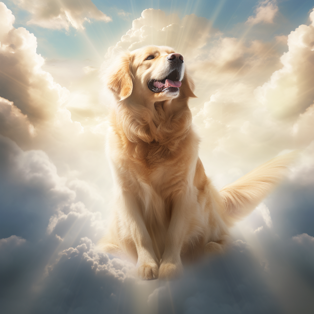 Playful golden retriever in heavenly setting