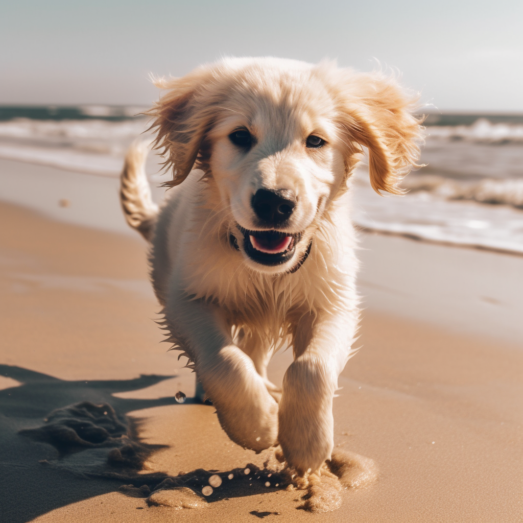 Energetic golden retriever puppy playing at the beach