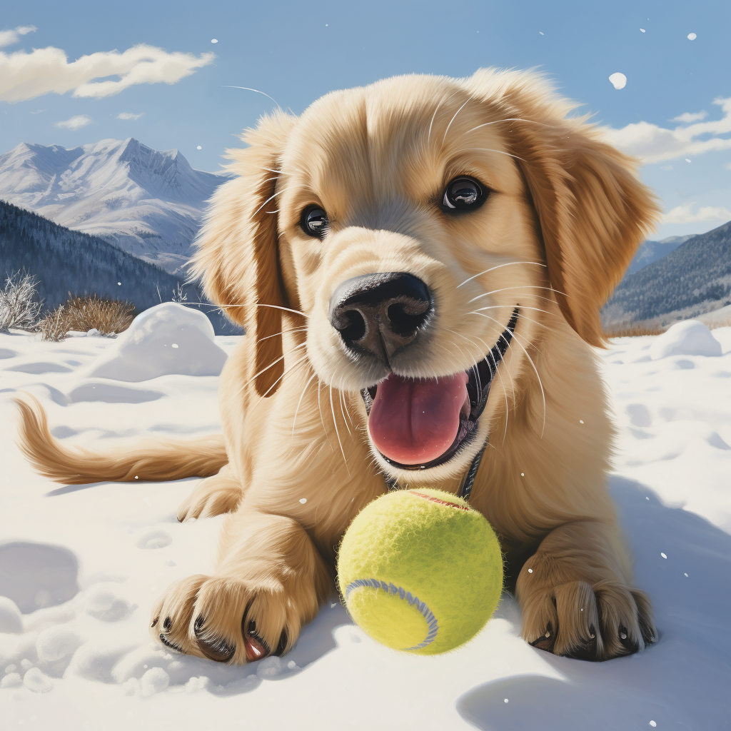 Golden Retriever Puppy playing with tennis ball in snow