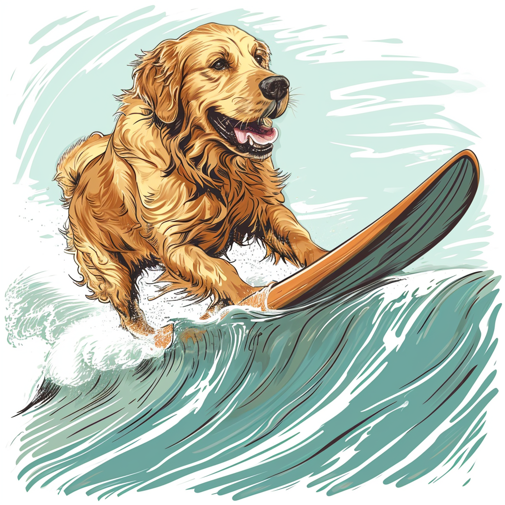 Golden Retriever Surfing in Colored Pencil Style