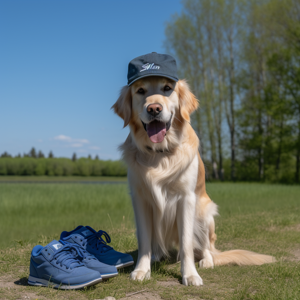 Excited Golden Retriever Wearing White Sneakers & Cap