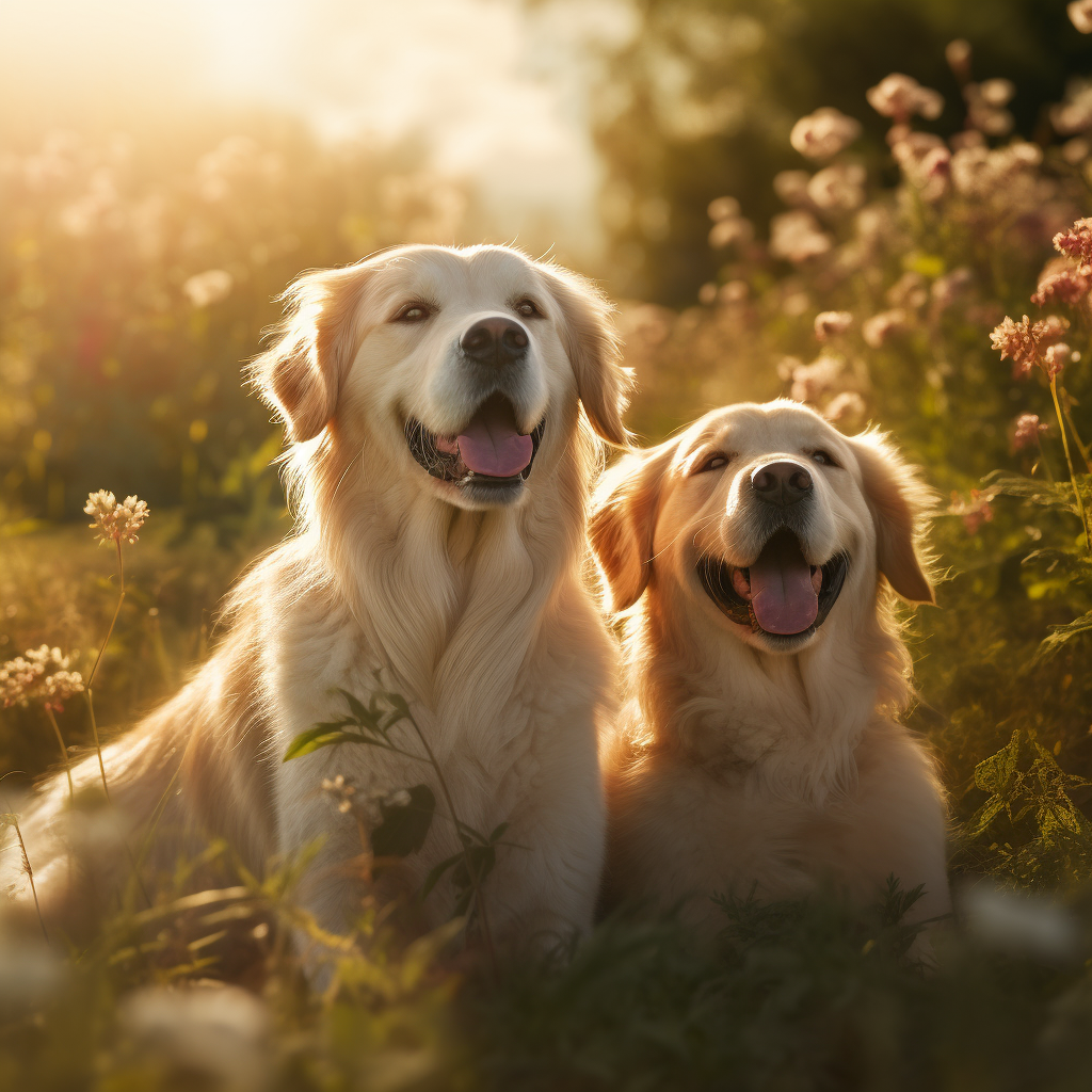 Two Golden Retrievers sharing an affectionate moment