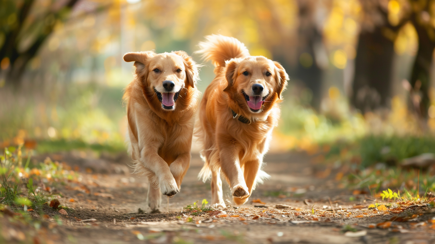 Two Golden Retrievers Running in Park