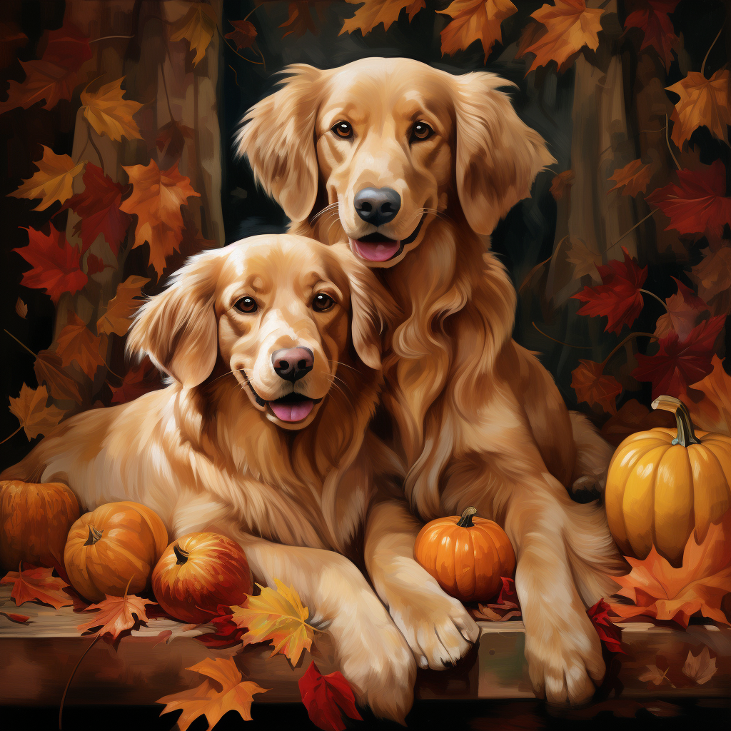 Beautiful golden retrievers in Thanksgiving oil art style