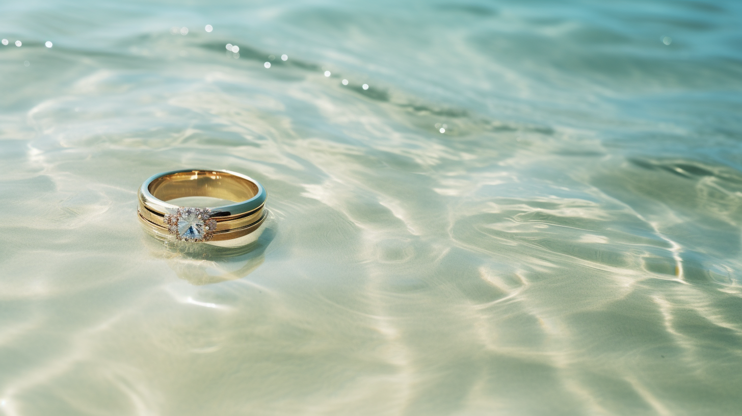 Golden ring on white sand and transparent water