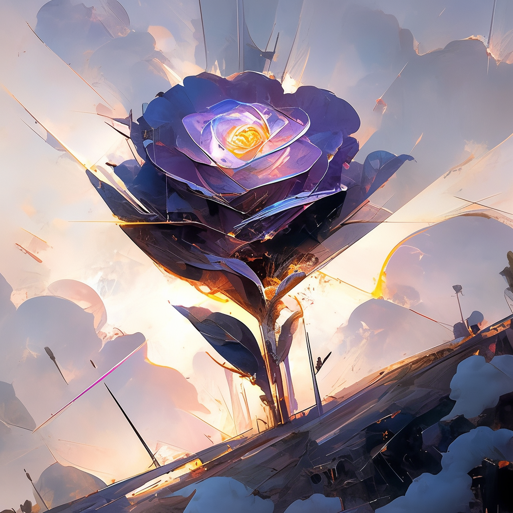 Golden rose with purple leaf in sci-fi abstract