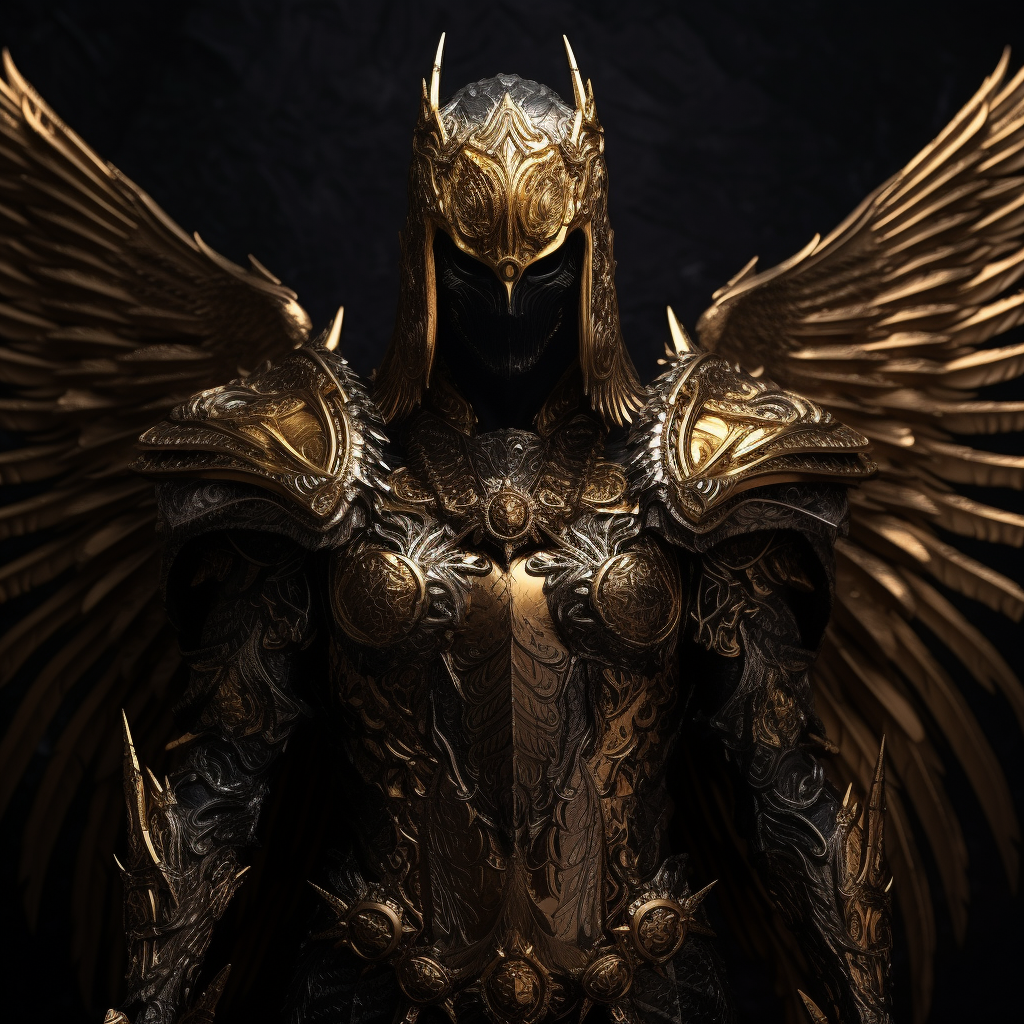 Dark Angel with Golden Skull Head and Black Armor in Underworld