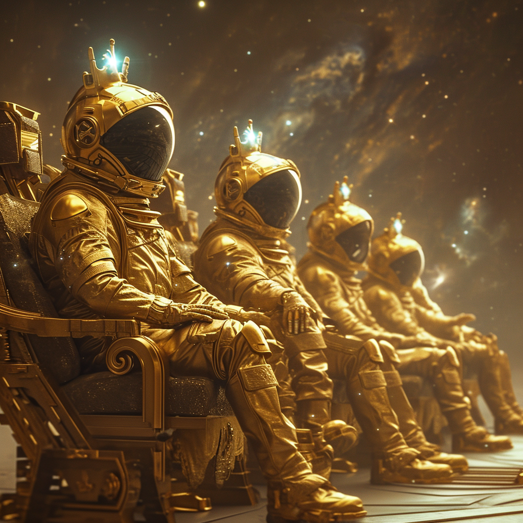 Astronauts on Golden Thrones in Space