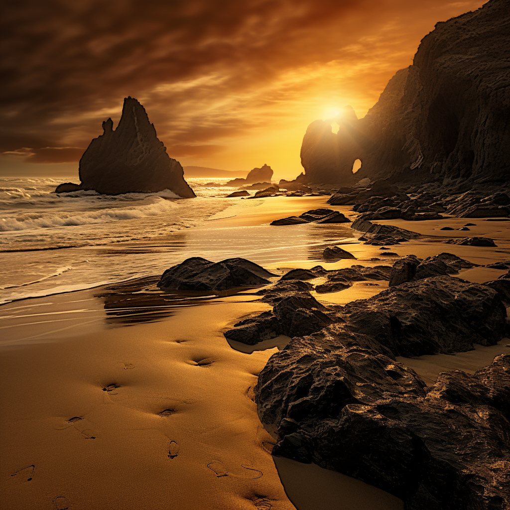 Golden sunset over sandy beach with volcanic rock formations