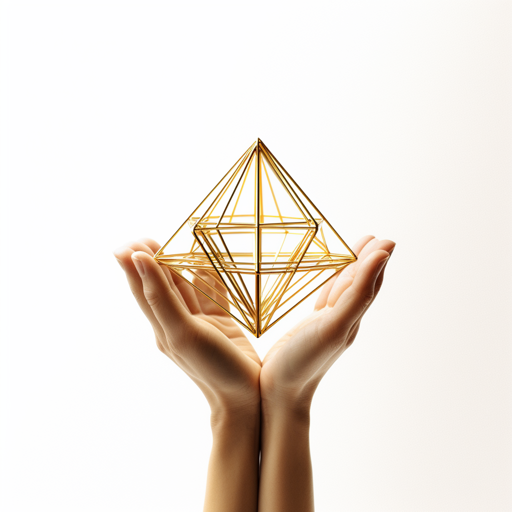 Minimalist golden tetrahedron merkaba shape above palm