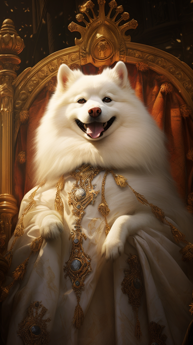 White Japanese Spitz Dog on Golden Throne