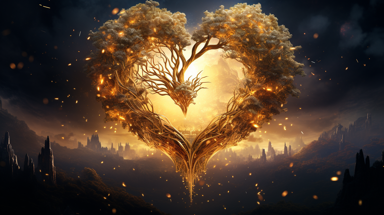 Ancient golden tree shaped like a heart on Earth