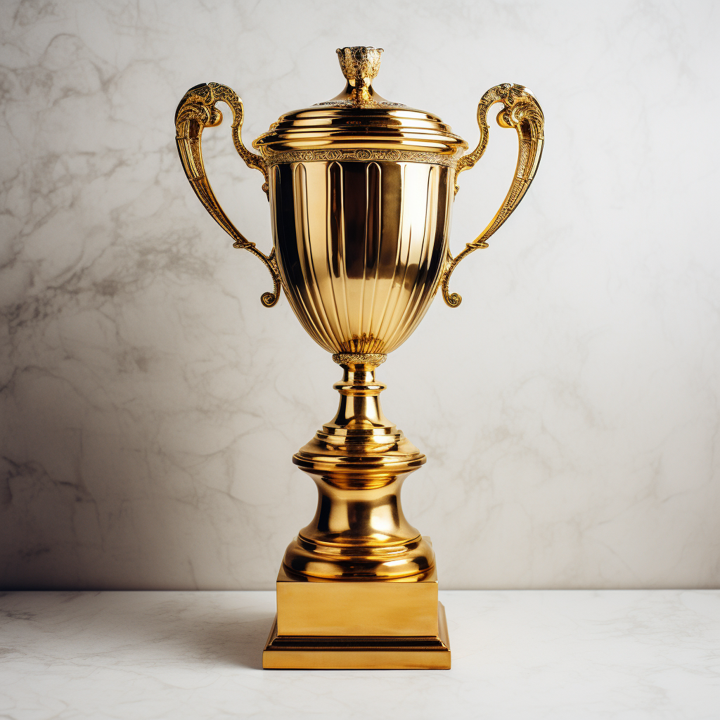 Golden trophy on white table