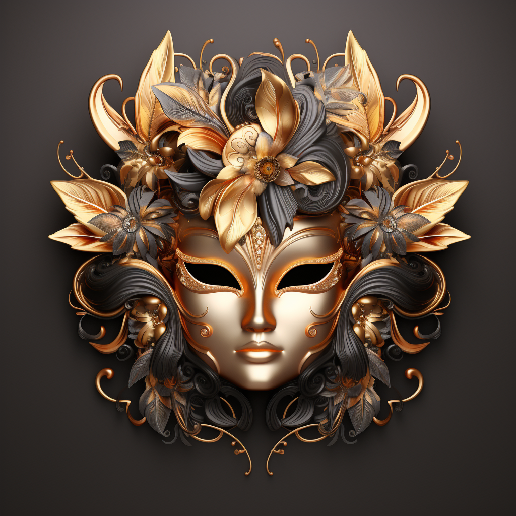 Beautiful golden Venetian mask with feathers and flowers