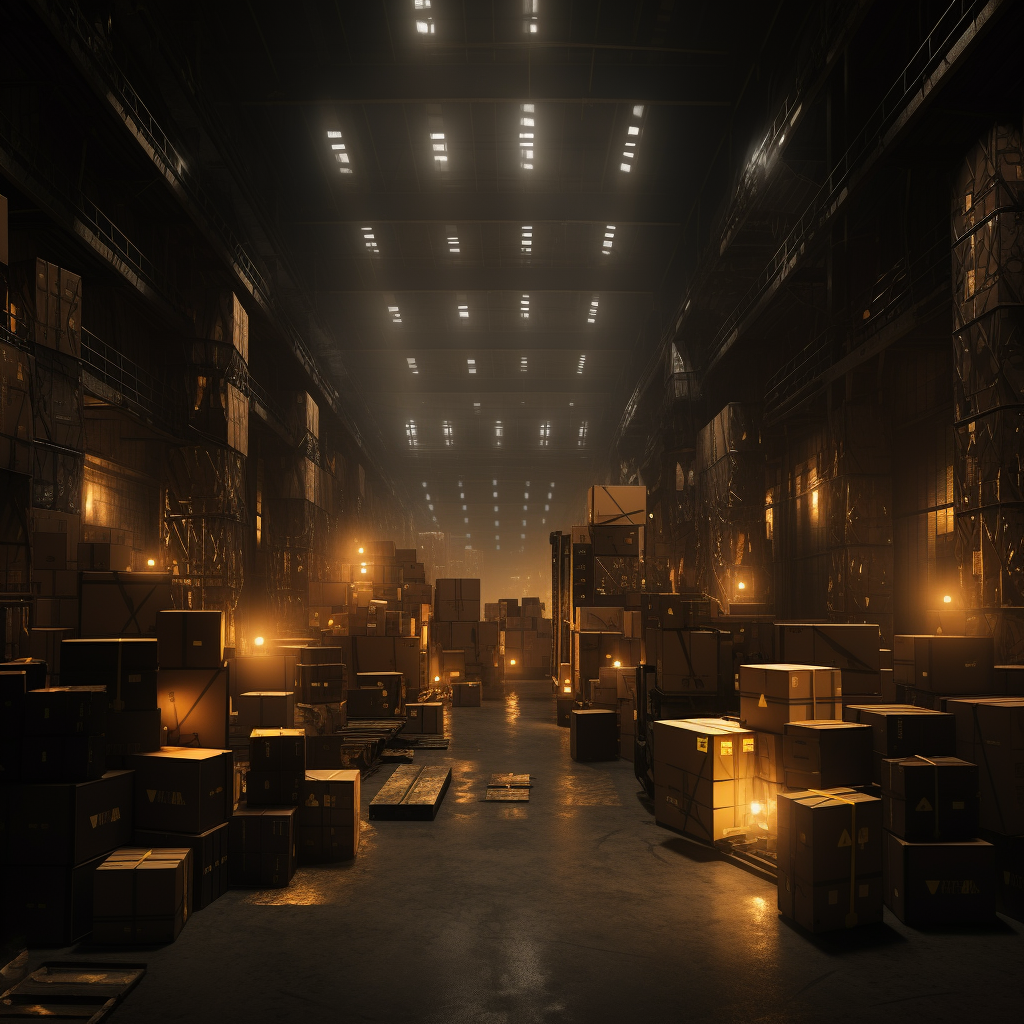 Golden warehouse with boxes and cinematic atmosphere