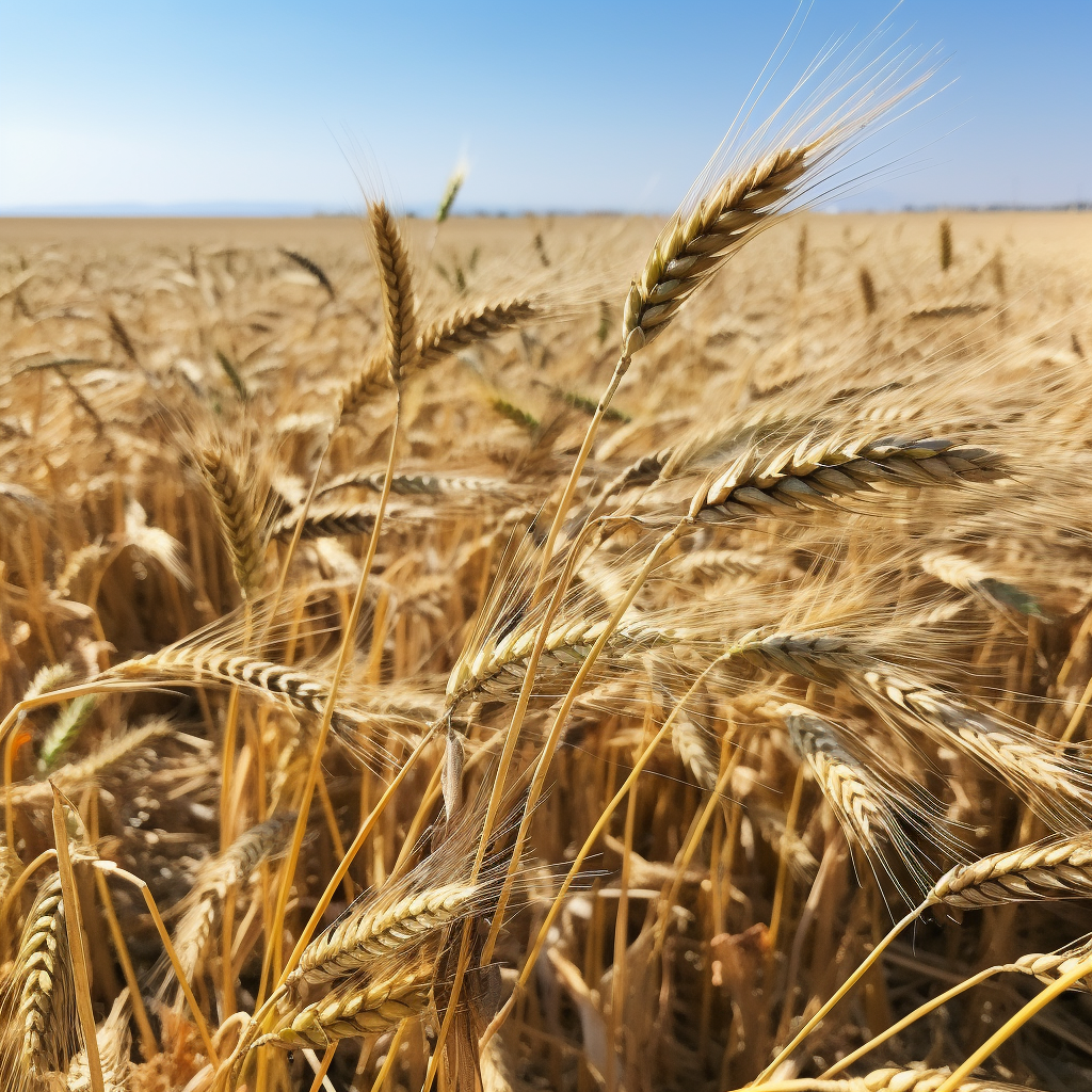 Golden Wheat Plants in Foreground with Dirt