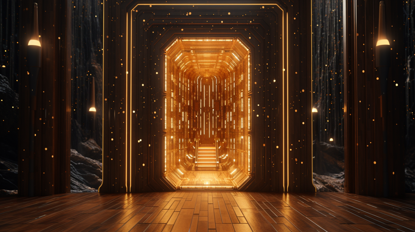 Golden wooden fairytale door surrounded by the universe