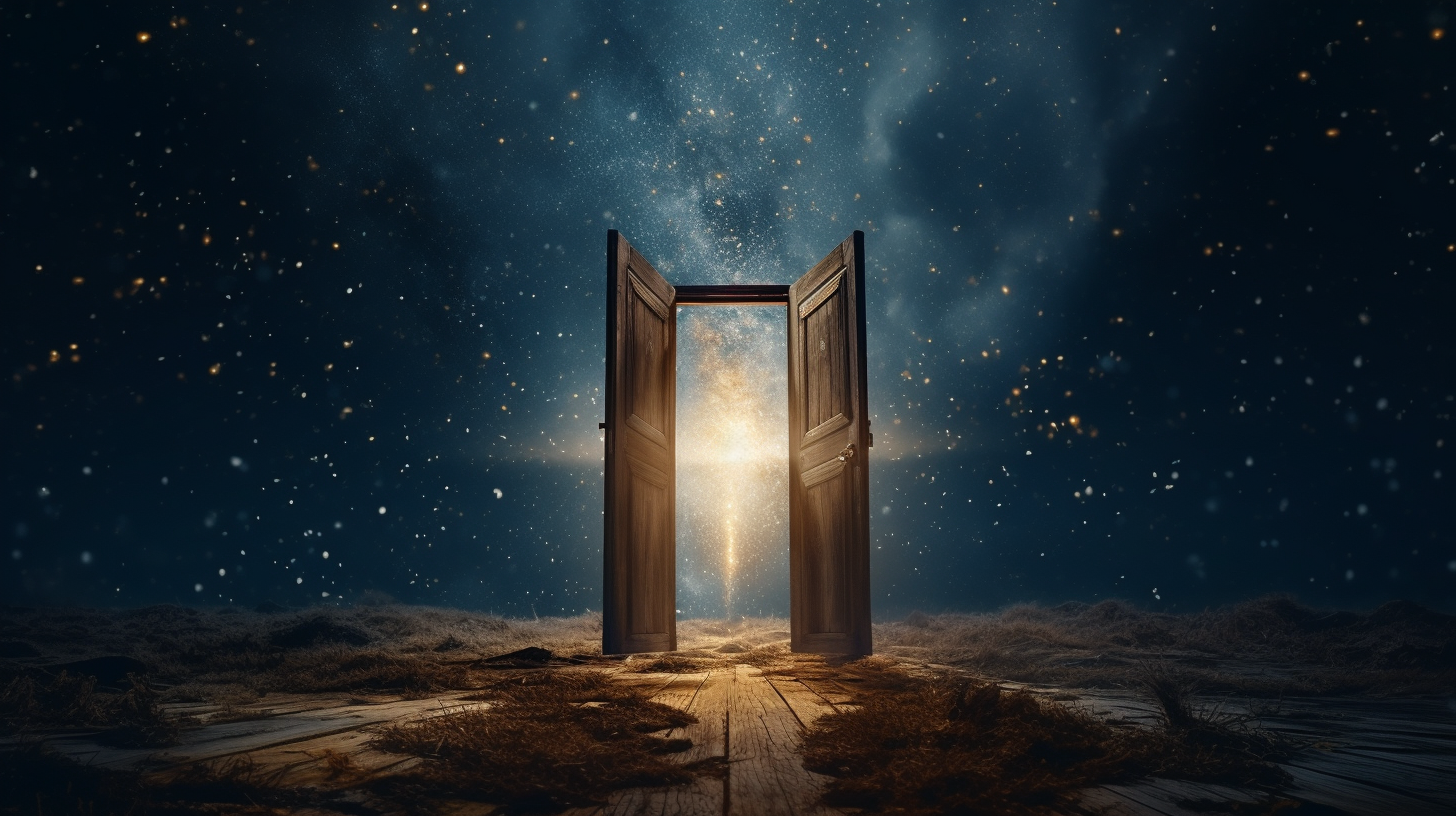 Golden wooden fairytale door in the universe