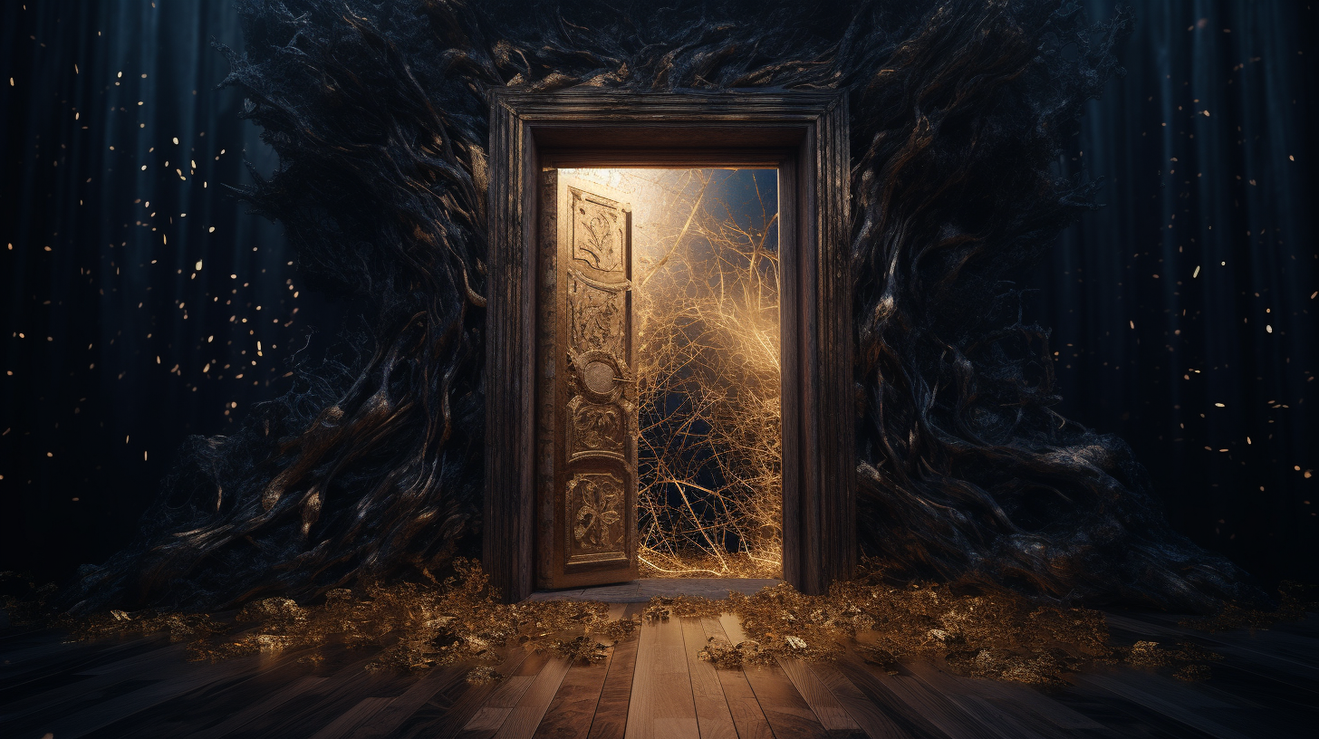 Golden wooden fairytale door in infinite universe