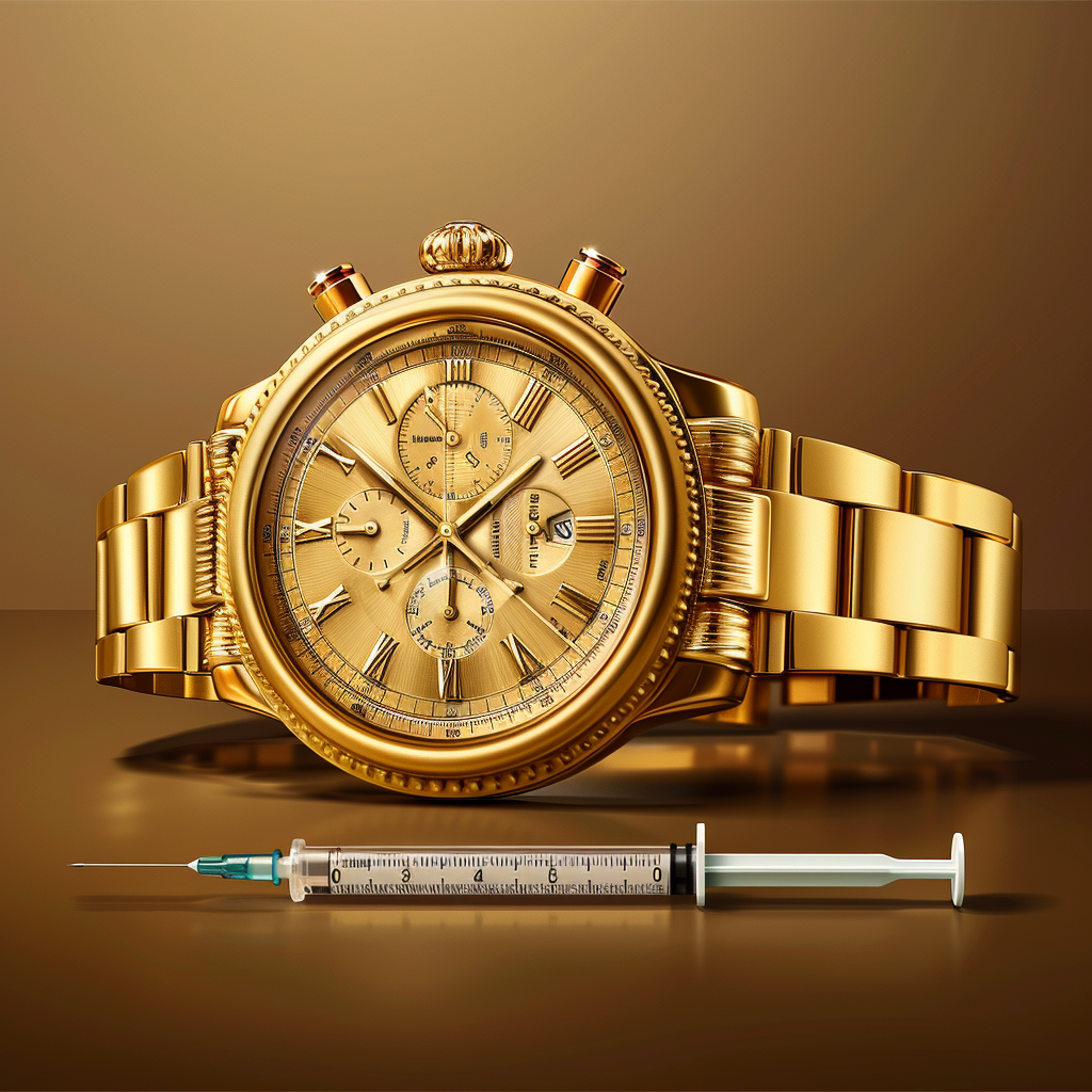 golden wrist watch with hypodermic needle under clock face