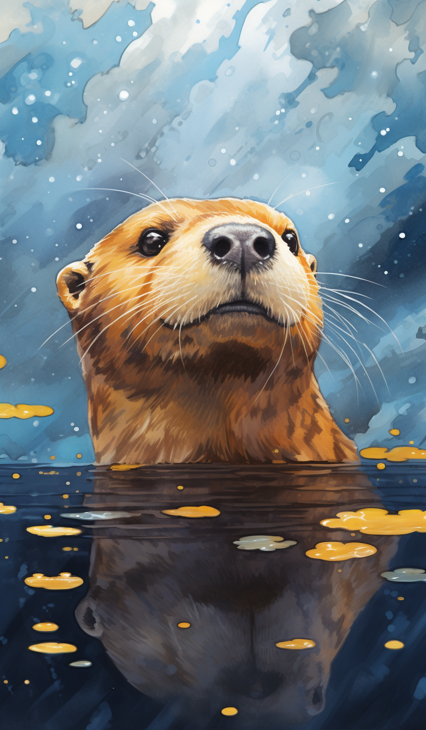 Beautiful golden watercolor portrait of a golden otter
