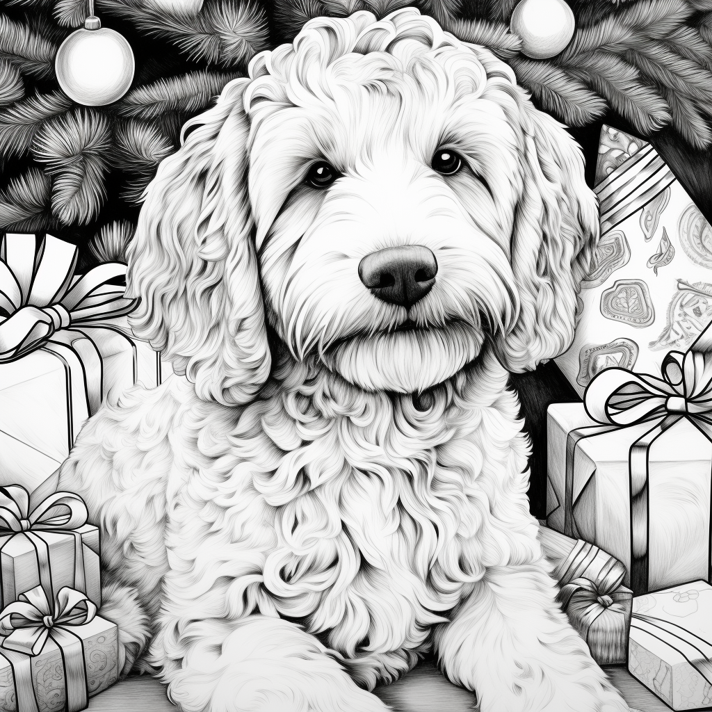 Black and white coloring page of a goldendoodle on Christmas Day