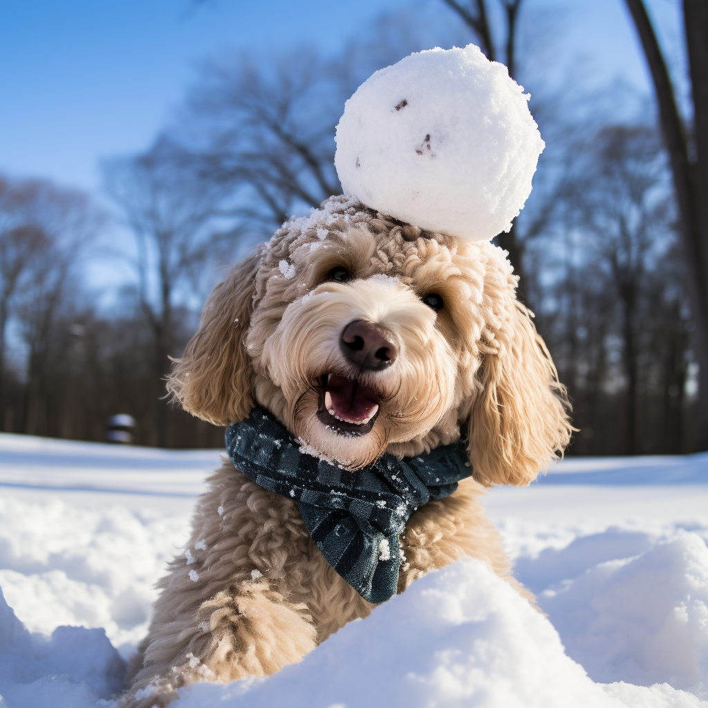 Cute goldendoodle building snowman