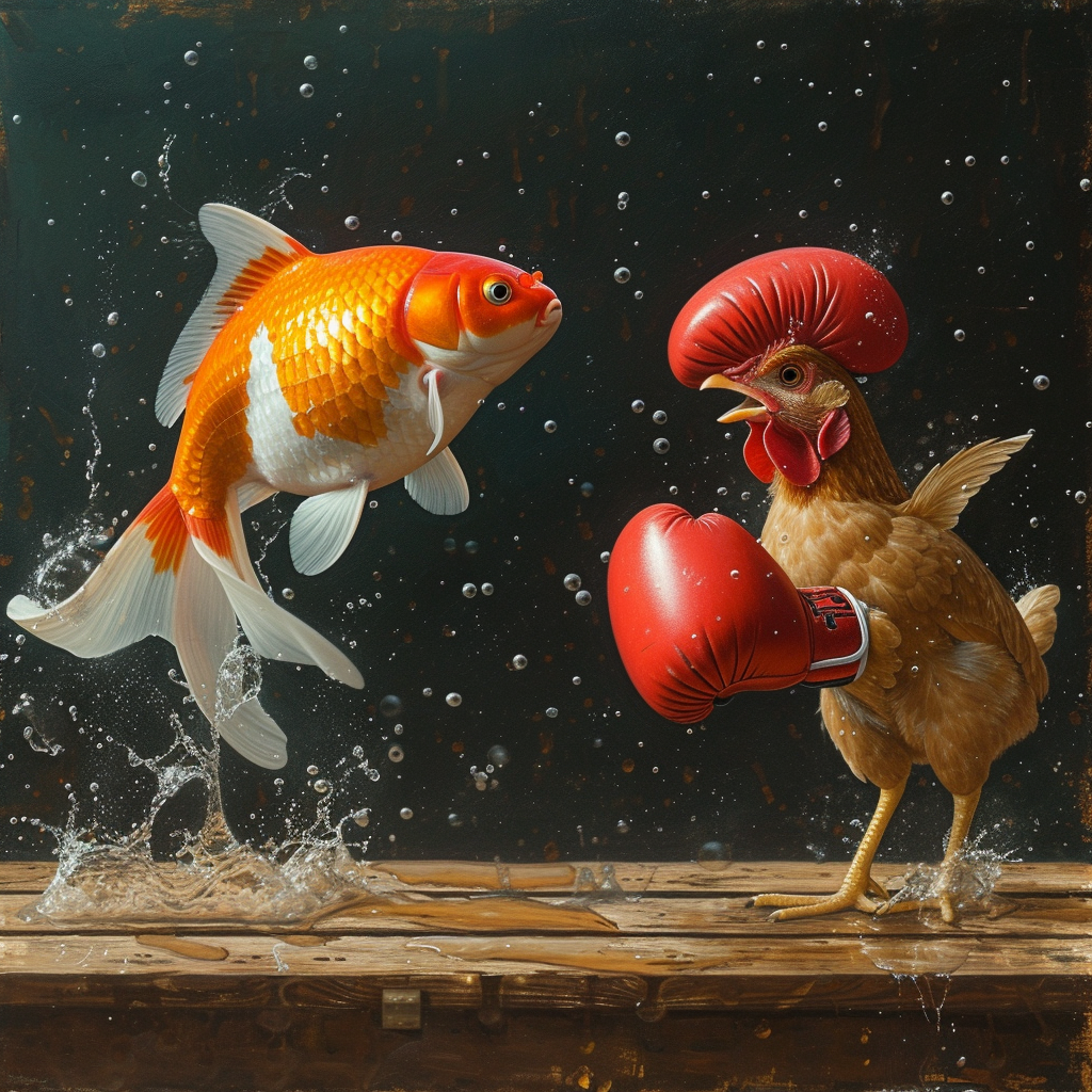 Goldfish shark boxing against chicken with gloves