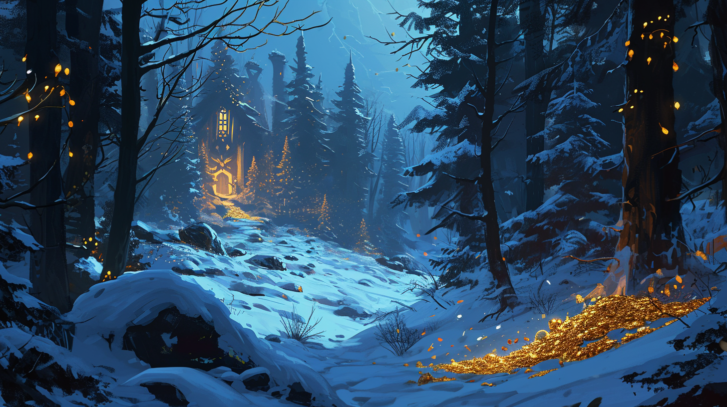 Game concept art of a snow-covered forest