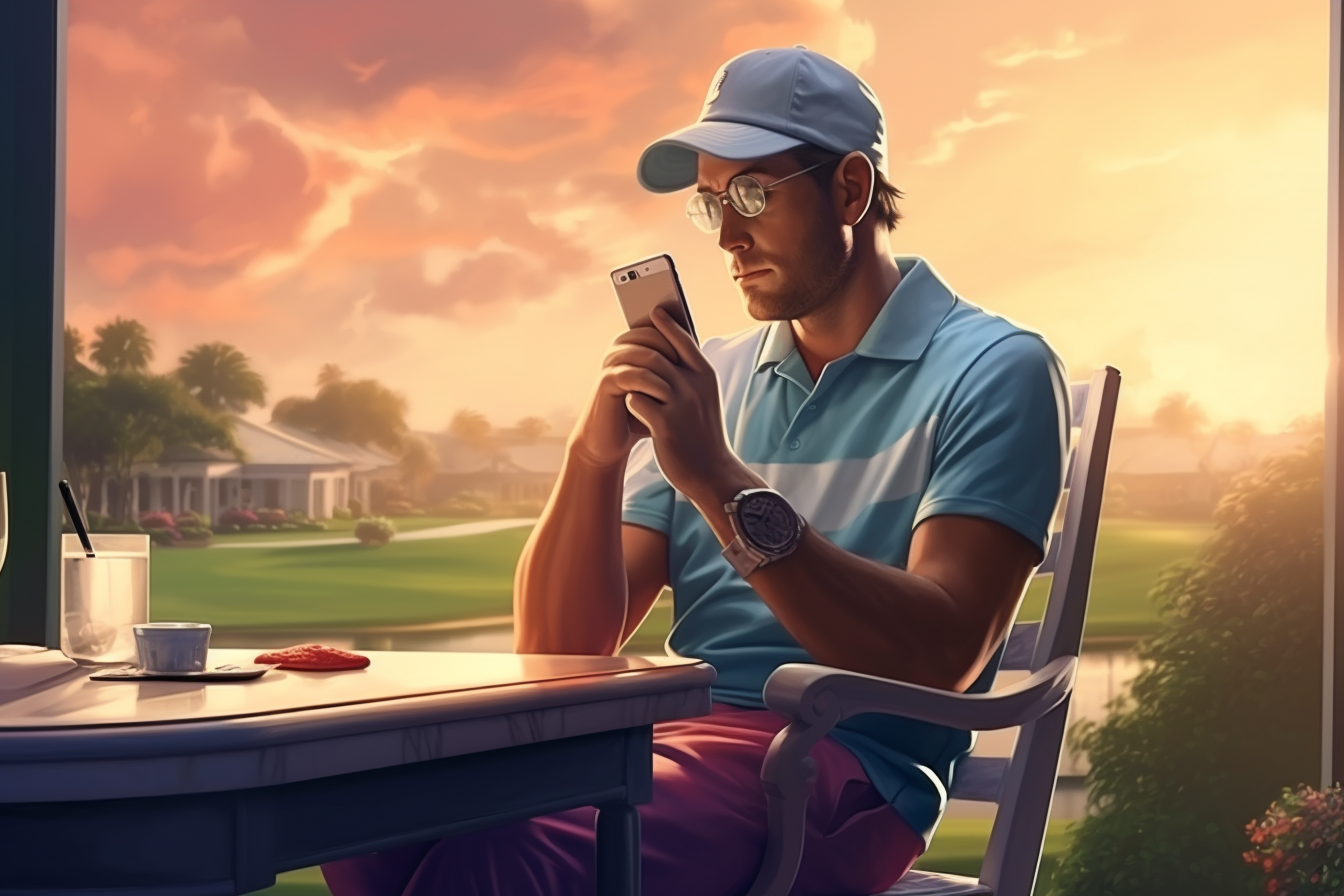 Golfer sitting in cafe using mobile