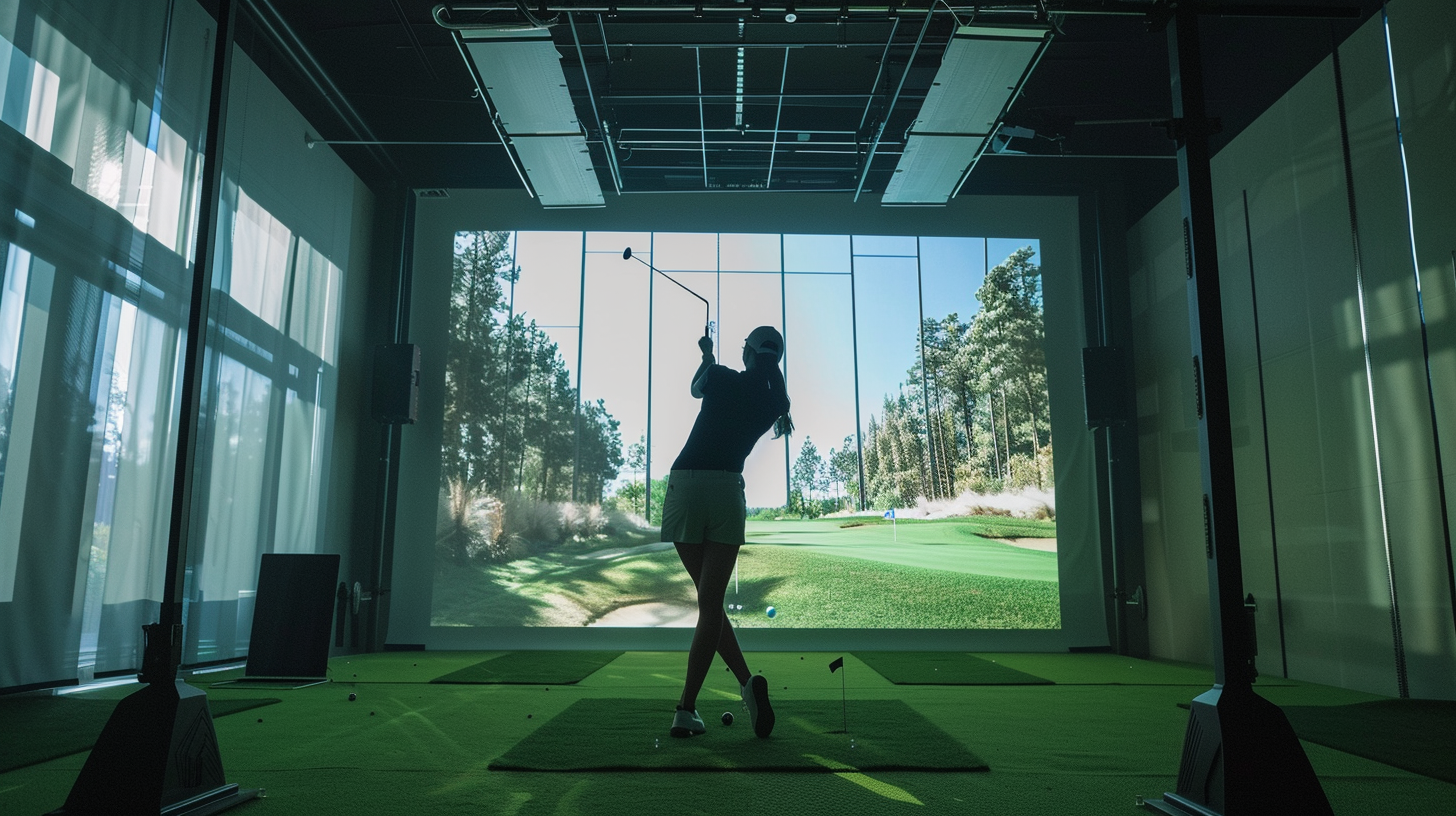 Female golfer in front of simulator