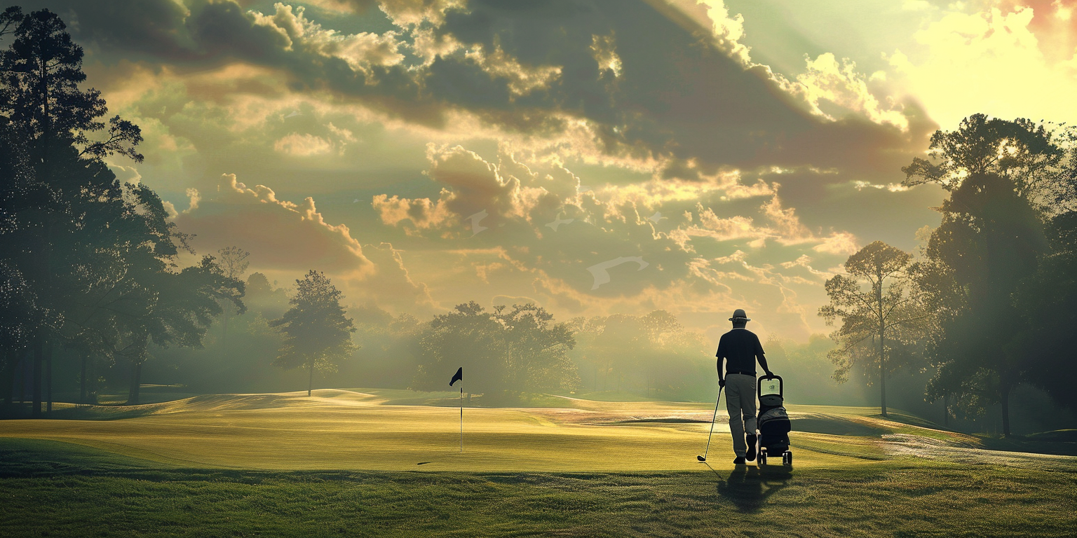 Golfer walking with bag cart