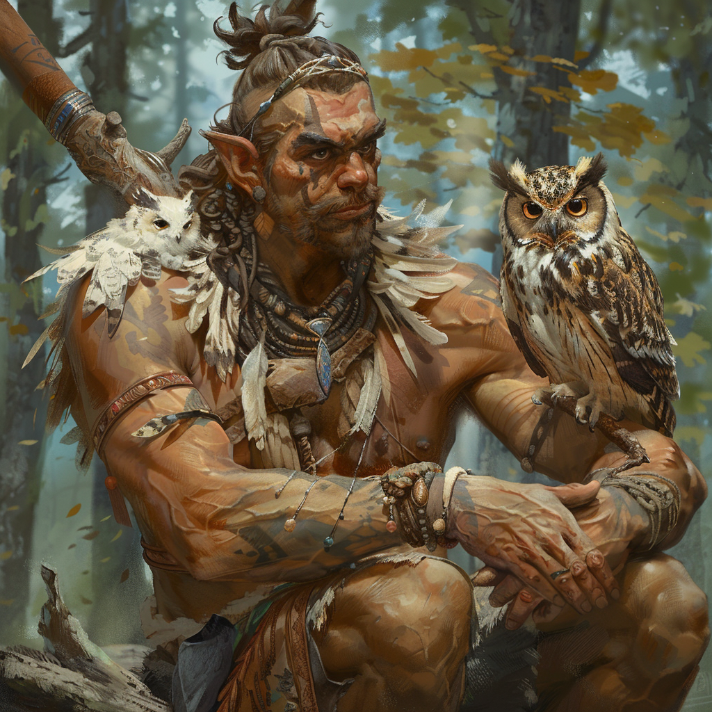 Goliath hunter with baby owl in forest