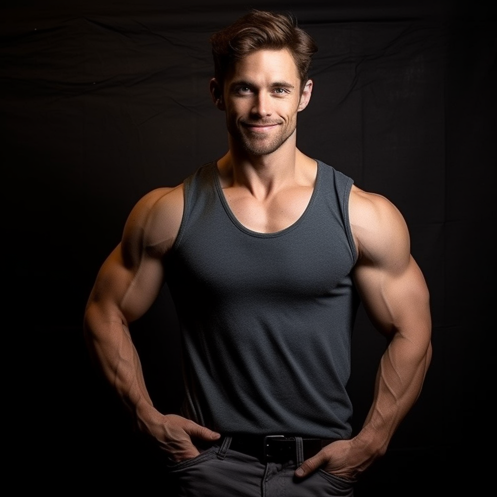 Handsome man with muscles and brown hair smiling