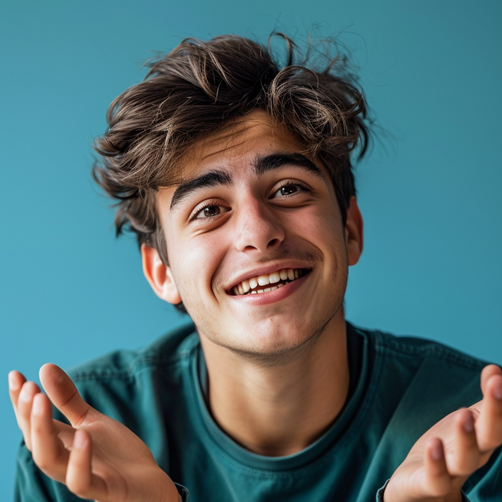 Good Looking Young Man Smiling and Shrugging Shoulders