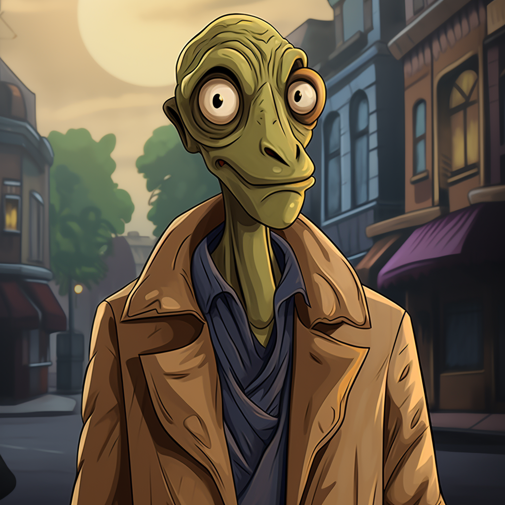 Goofy alien on city street