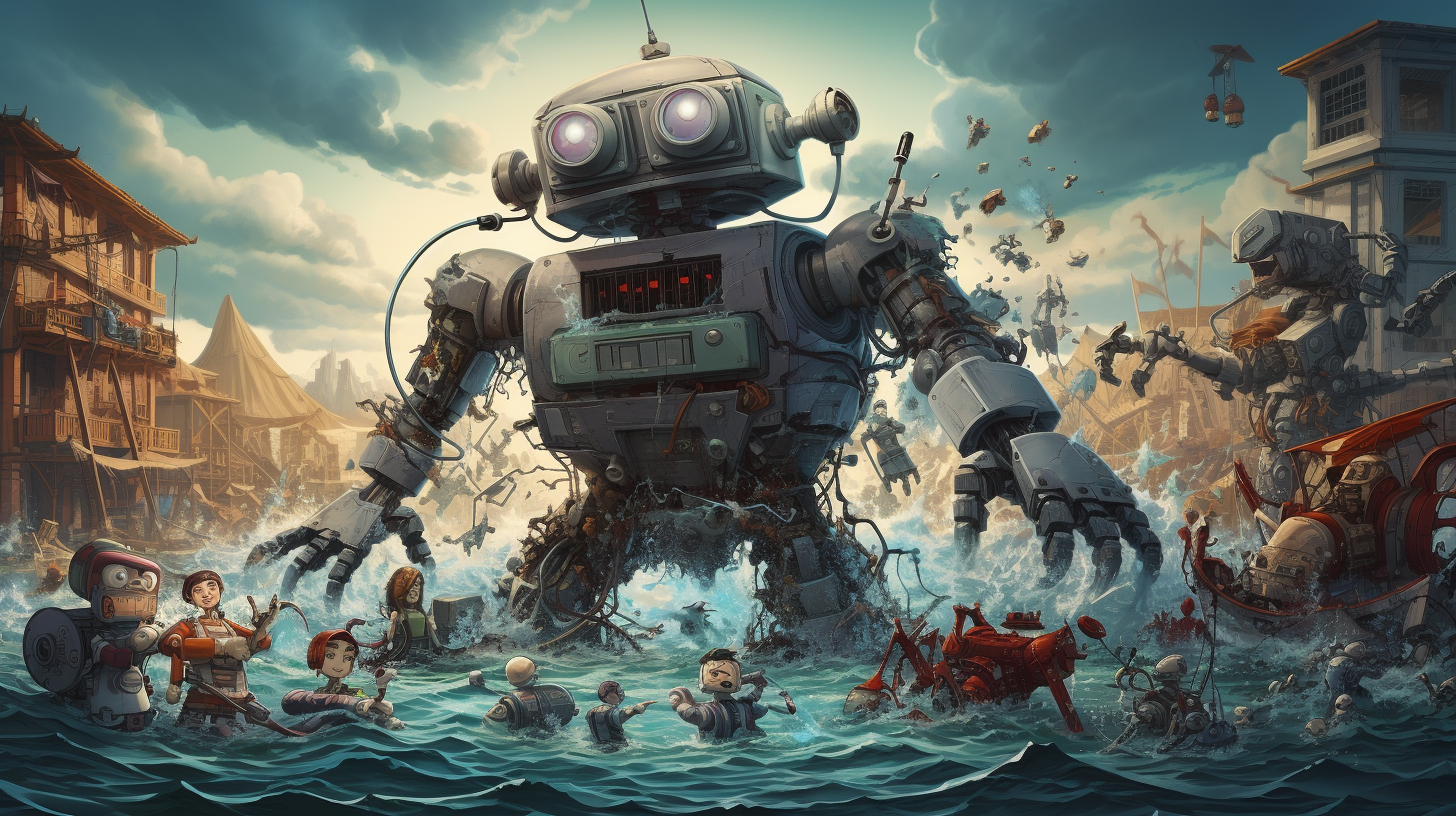 Humorous cartoon wave made of goofy robots