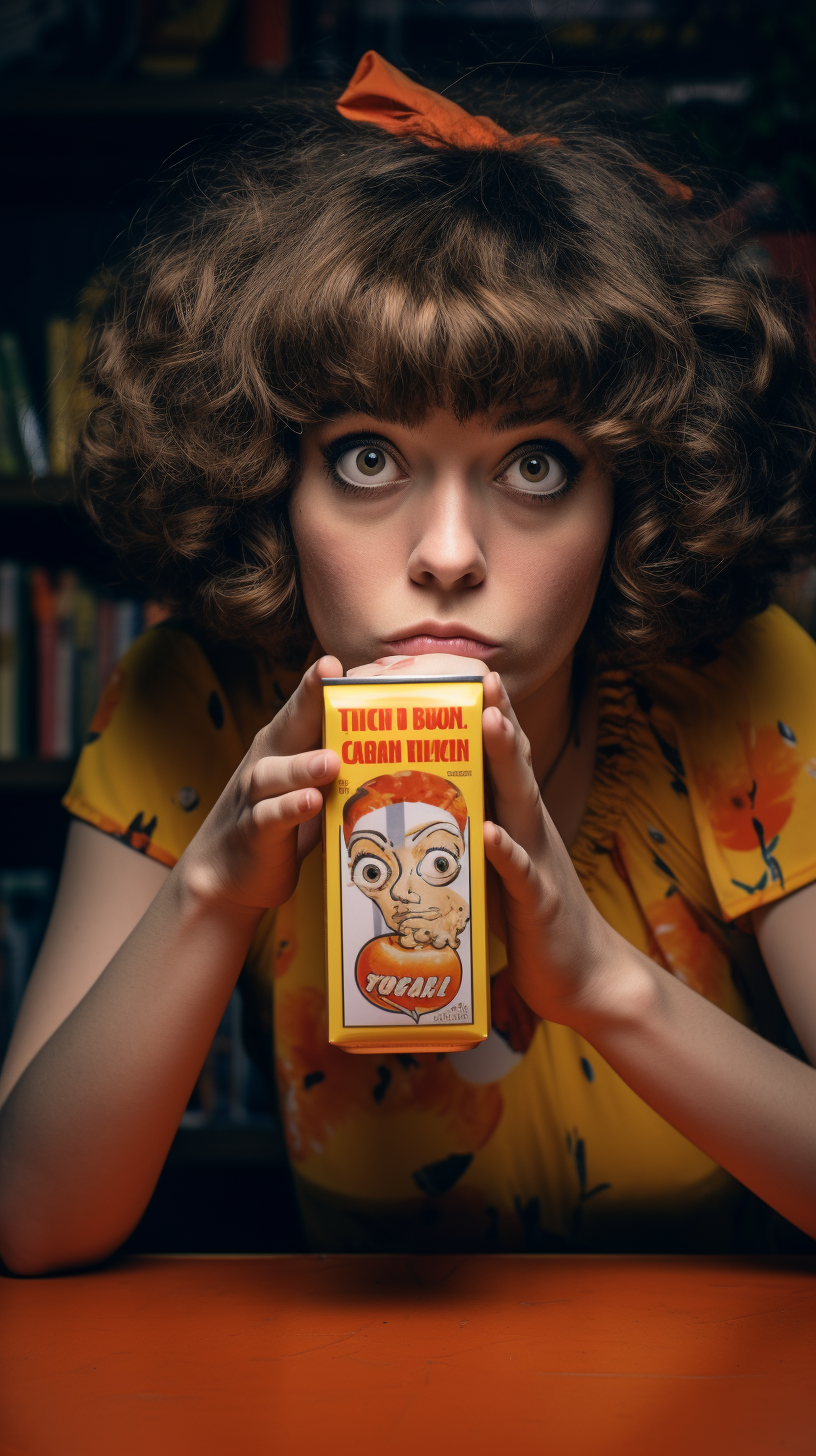 Woman with Bewildered Eyes and Orange Juice Carton