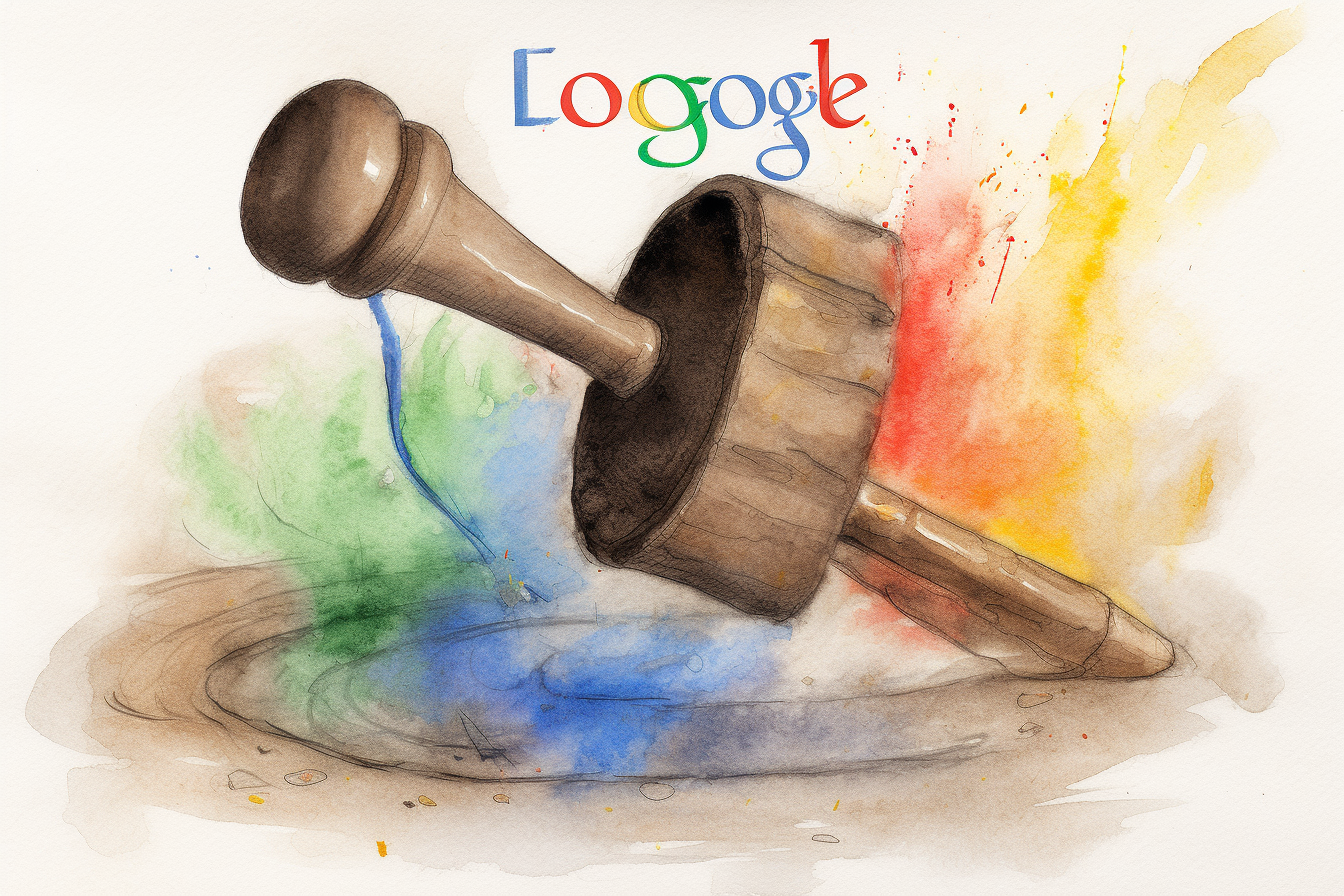 Illustration of a gavel smashing the Google logo