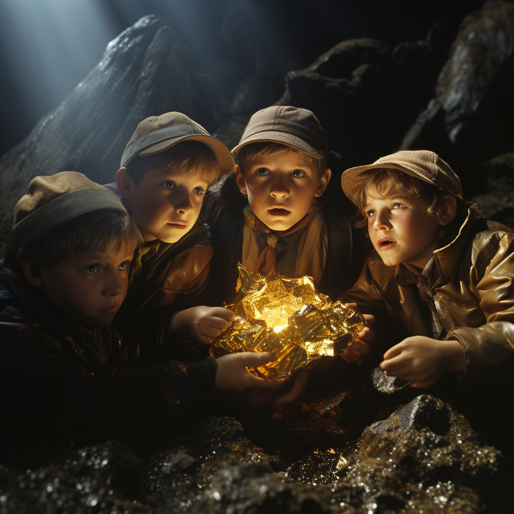 Kids finding a hidden treasure in a cave