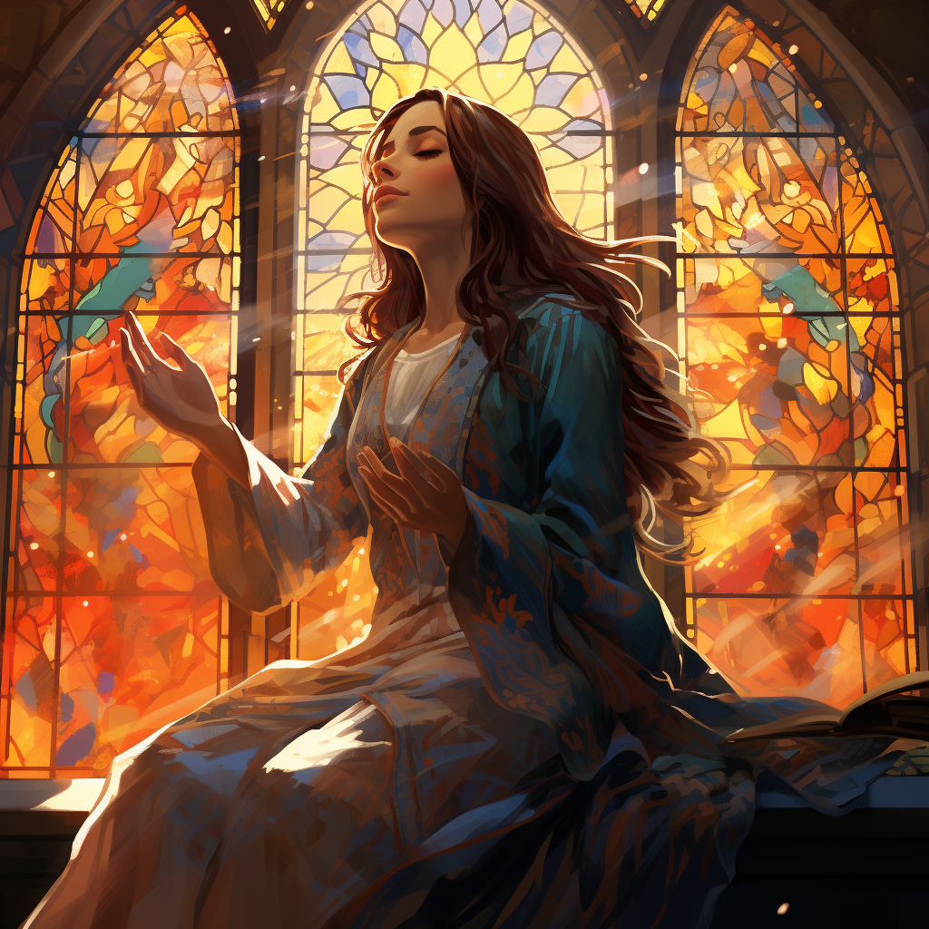 Woman praying in cathedral illustration