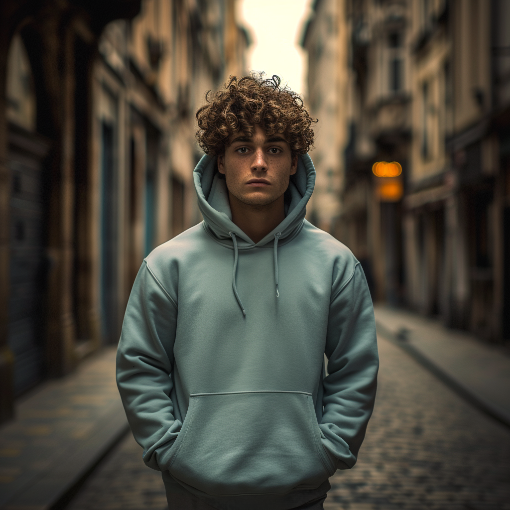 Gorgeous Man in Mint Sweat with Curly Hair