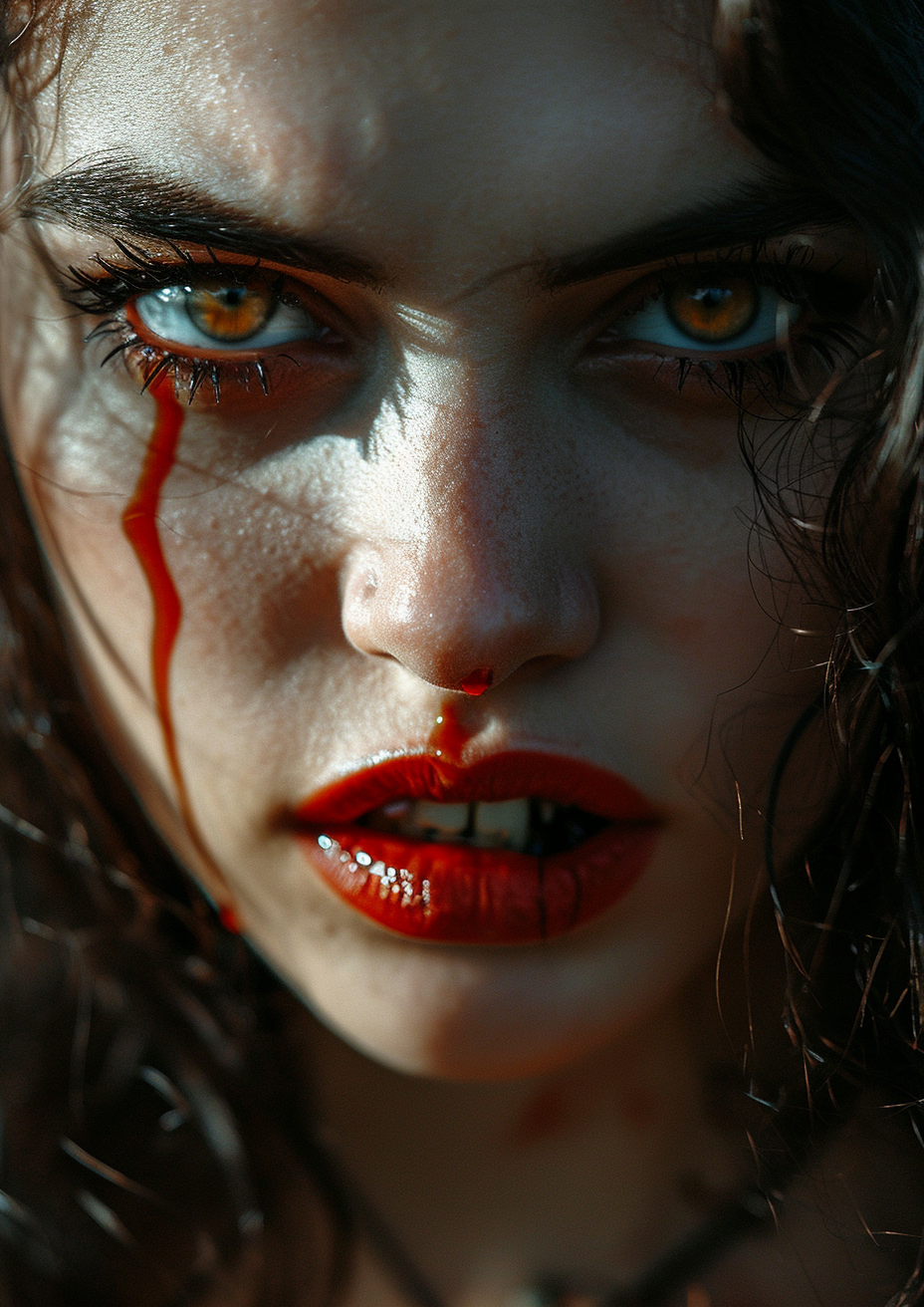 close-up of model with vampire fangs