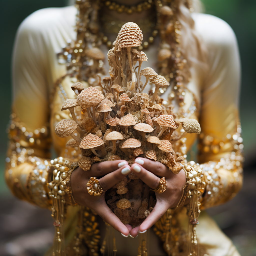 Beautiful Mushroom Priestess with Hand Mudras