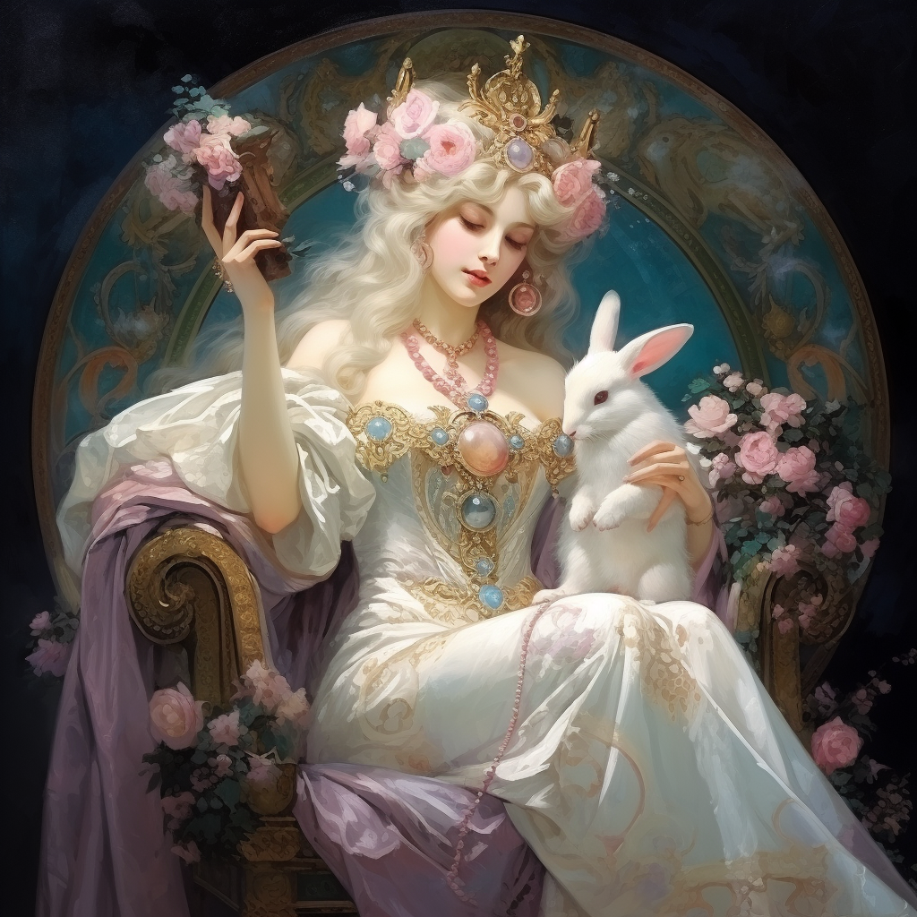 Beautiful queen holding a white rabbit