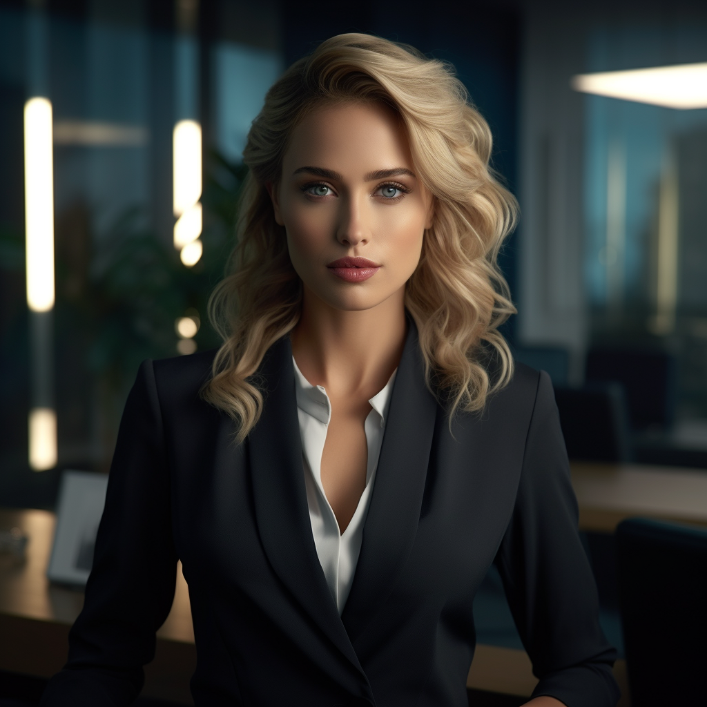 Apologetic blonde businesswoman in modern office