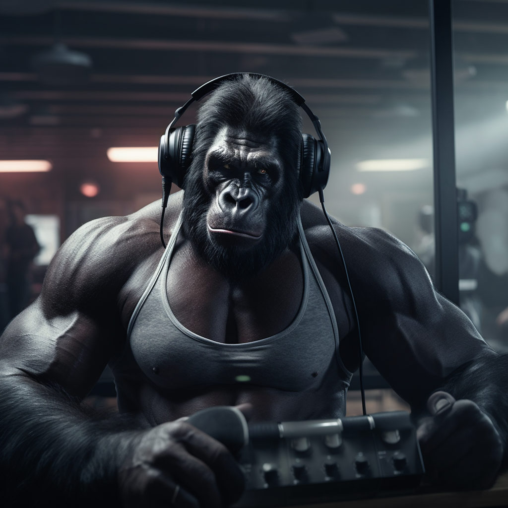 Gorilla wearing headphones in gym