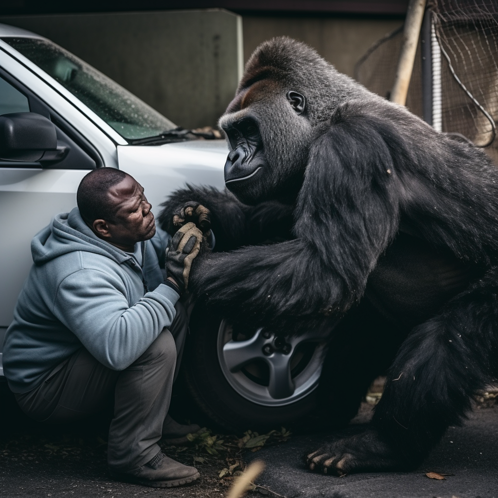 Gorilla lifting car 4K photo