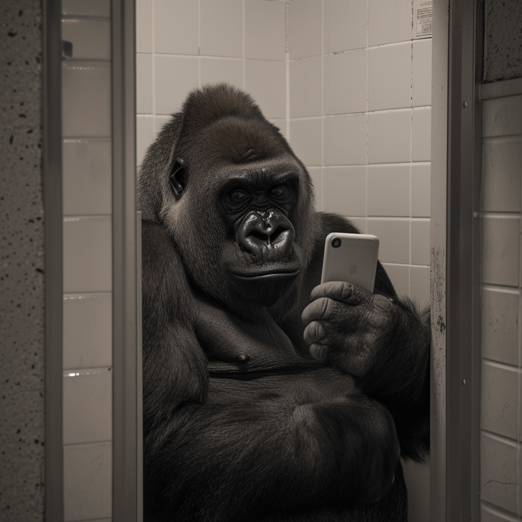 Gorilla using smartphone in restroom