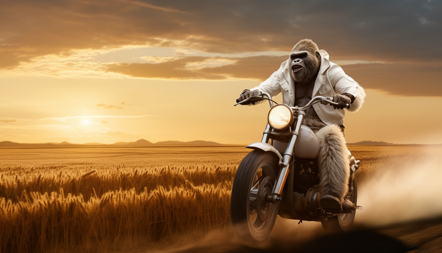 Gorilla riding motorcycle in Kansas sunset